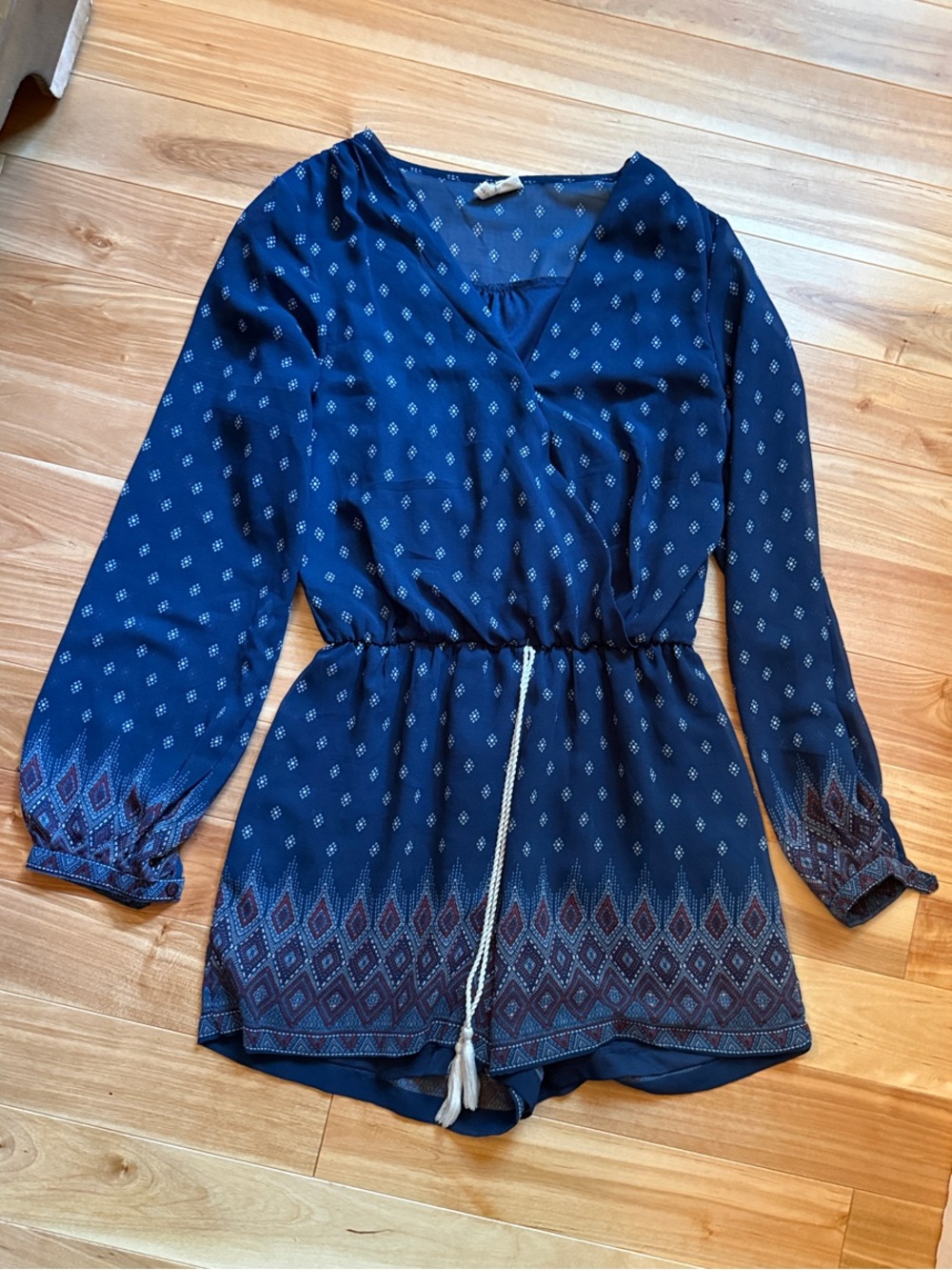 Japna Navy Blue Printed Long-Sleeve Romper with Tasseled Drawstring